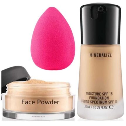 HUDA ZONE Waterproof Skin Base Liquid Foundation Loos Face Powder Makeup Blender For All Type Makeup Set Of 3