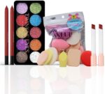 HUDACRUSH Beauty Products Makeup Kit for Women & Girl's - 2Pcs Korean Style Multicolor Lipstick, Lip Liner Contour Pencils Combo Pack, 6Pcs Beauty Blender Sponge & Glitter Eyeshadow Palette