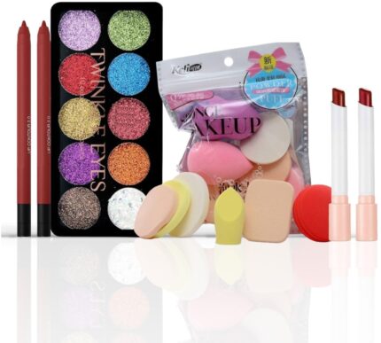 HUDACRUSH Beauty Products Makeup Kit for Women & Girl's - 2Pcs Korean Style Multicolor Lipstick, Lip Liner Contour Pencils Combo Pack, 6Pcs Beauty Blender Sponge & Glitter Eyeshadow Palette