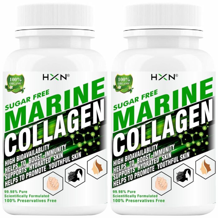 HXN Marine Collagen Supplements For Women, Men With Hyaluronic Acid, Vitamin C, E, B12 Supplement Glutathione, Biotin, Grape Seed Extract. Pure Hydrolyzed Protein Powder Peptides For Skin-120 Tablets