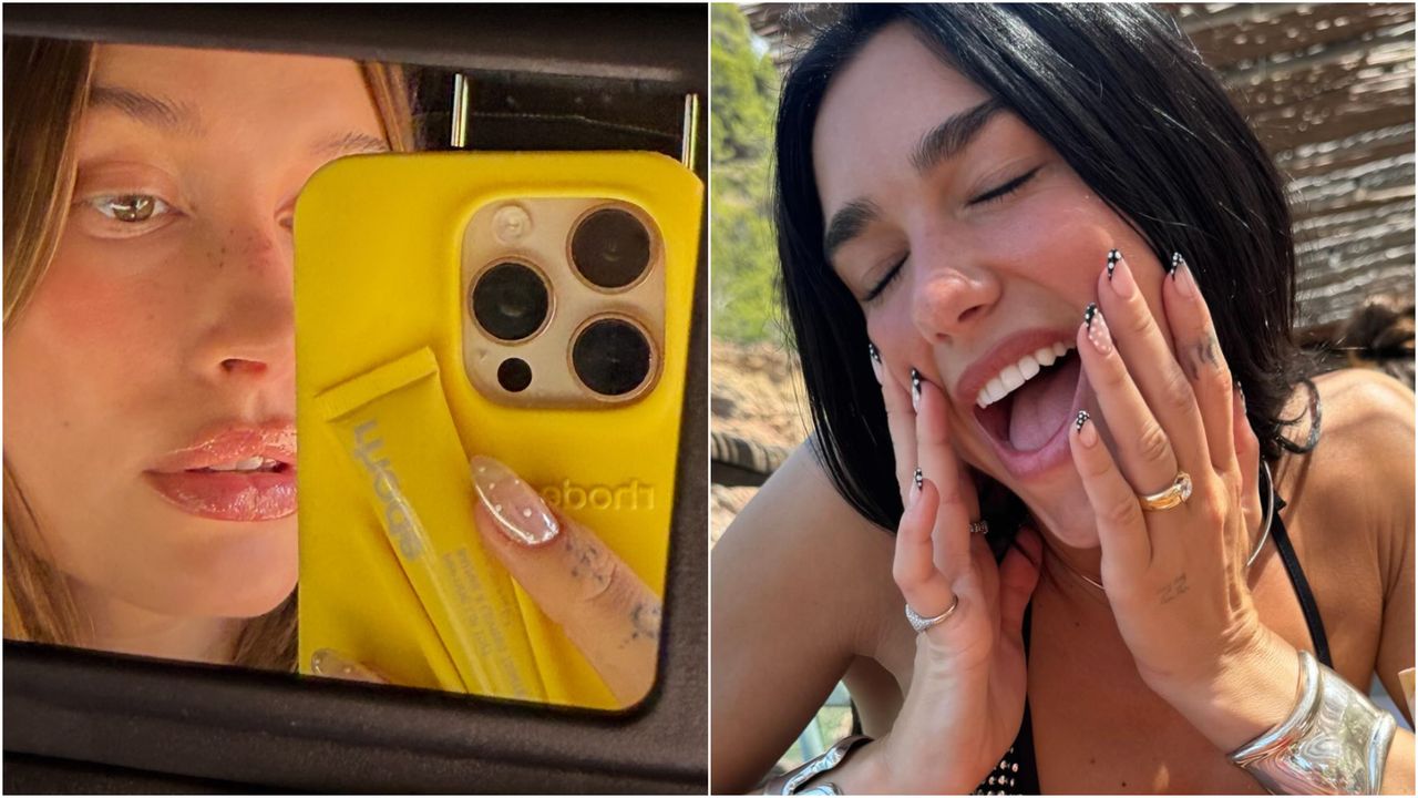Hailey Bieber's Glass Polka Dot Manicure Adds the Cutest Twist to the Bare Nail Trend