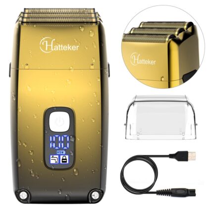 Hatteker Triple Blades Foil Electric Razor for Men - Close Bald Head Barber Shaver Trimmer, Waterproof Wet & Dry, Cordless, Gold