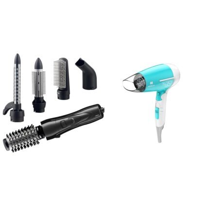 Havells HC4085-1000 Watts Air Care Styler, Pre-Styling Half Brush and Drying Nozzle, Styling Curlers; Suitable for All Hair Types (Black) & HD3151 1200 Watts Foldable Hair Dryer