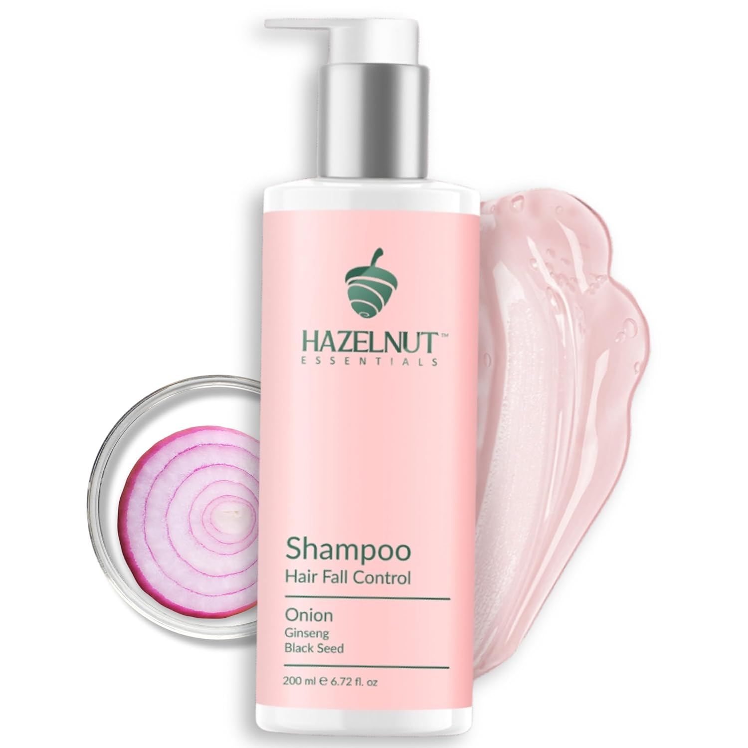 Hazelnut Essentials Onion Shampoo | Hair Fall Control | Ginseng & blackseed | Anti Hairfall Shampoo | All Hair Types | For Women & Men | Dermatologically Tested | 200 ml