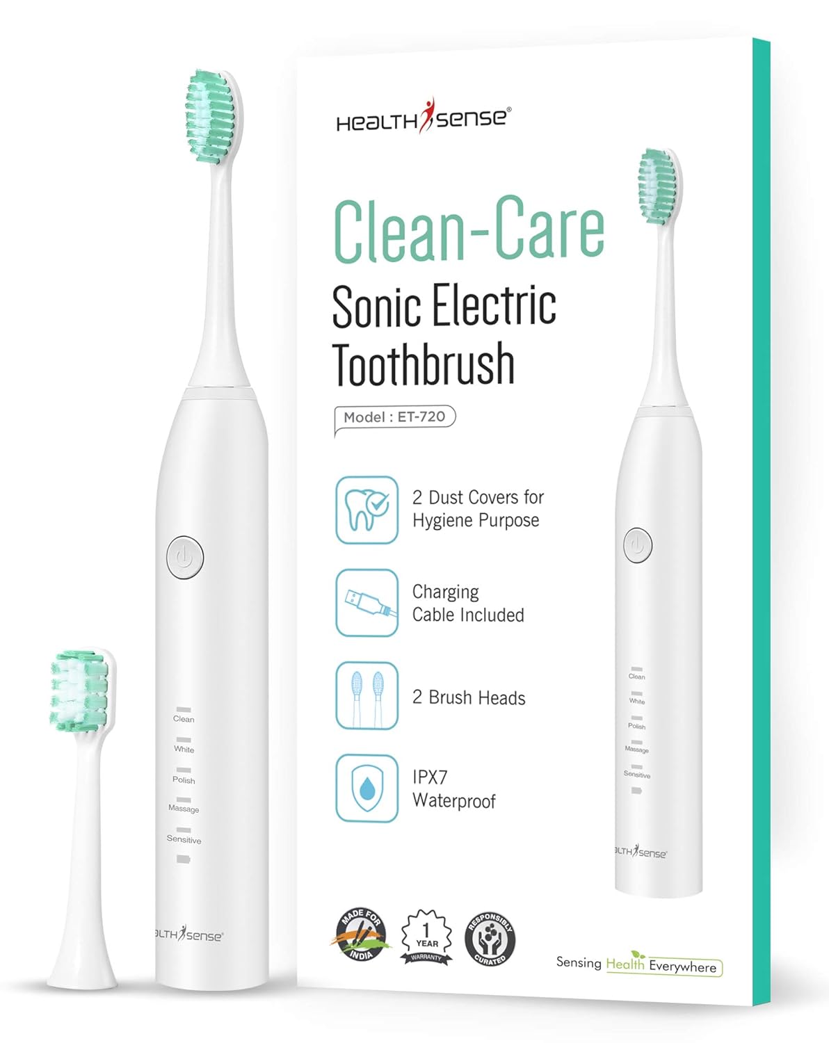 HealthSense Clean-Care ET 720 Rechargeable Sonic Electric Toothbrush with Extra Head & Dust Cover | IPX7 Waterproof & 5 Dynamic Cleaning Modes | One Year Warranty (White)