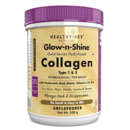 HealthyHey Skin Glow-n-Shine® Collagen Powder 200g | Hydrolysed Collagen for Women and Men with Hyaluronic Acid, Biotin and Vitamin C for Healthy Skin, Hair and Nails - (Unflavoured, 200gm)