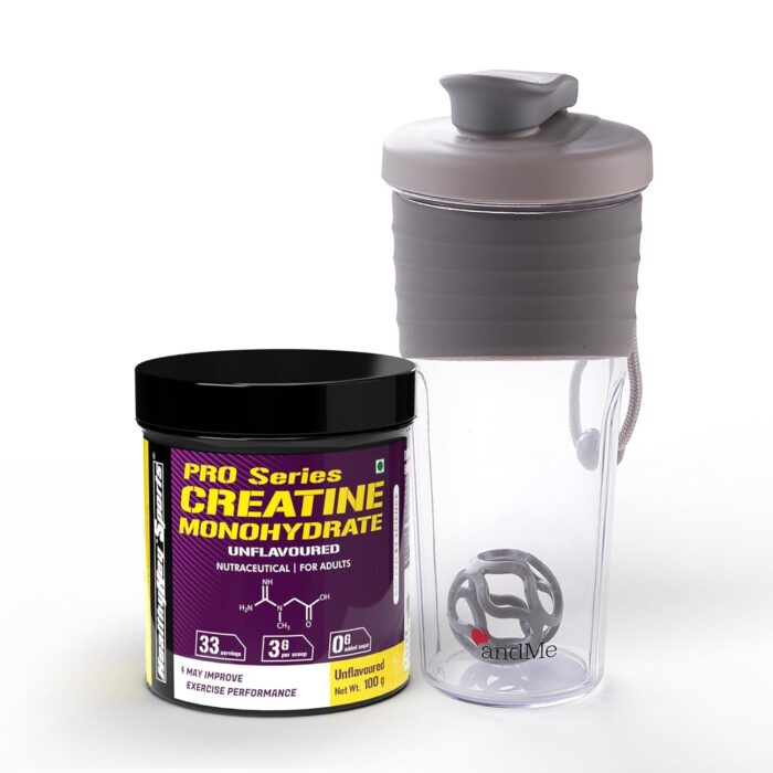 HealthyHey Sports Creatine Monohydrate for Muscle Building & Performance - 33 Servings (Unflavoured, 100gm) + AndMe Protein Shaker Bottle (700ml) Grey - Gym Shaker for Men & Women Workout
