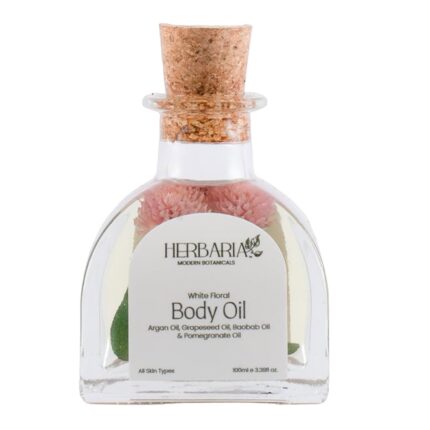 Herbaria Daily Moisturizing Body Oil - White Floral | ALL SEASON, 100% Vegan, Enriched With Almond, Grapeseed, Pomegranate, Avocado, Argan, Baobab, Rosehip, Neroli, Geranium, Vitamin E