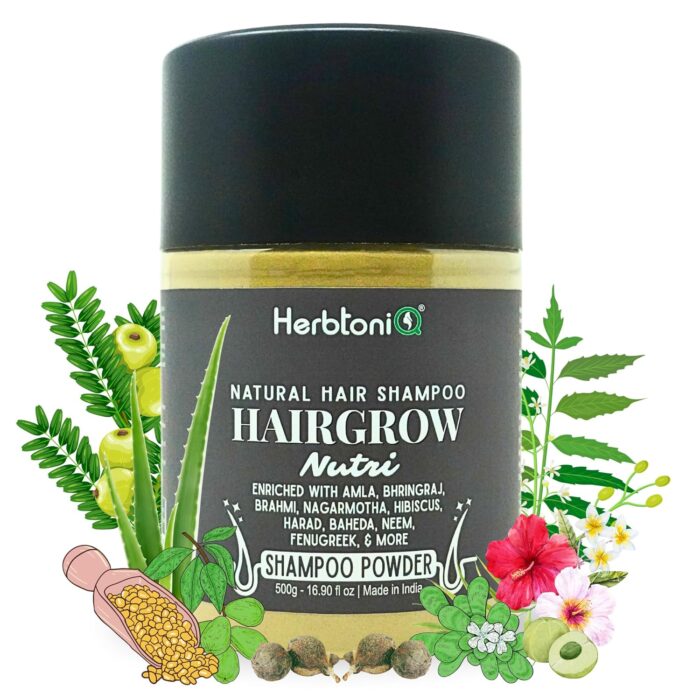 Herbtoniq Hairgrow Nutri Natural Hair Shampoo Powder Enriched With Herbal Amla Bhringraj Brahmi Nagarmotha Hibiscus and More for Men & Women - Totally Organic Shampoo for Hair Growth, Reduce Hair Fall & Dandruff - Powdered Shampoo - 500g