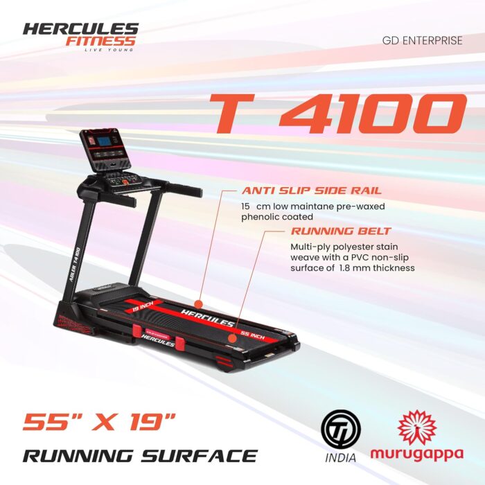 Hercules Fitness | T 4100 4.0 HP DC Motorized Treadmill Home Use | 15% Automatic Motorized Incline | Home Cardio | Max Speed 18 Km/Hr | Max User Weight 125Kg | Free Installation Assistance