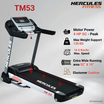 Hercules TM53 Treadmill Home Use| 3HP DC Motor | 16 km/h Speed | 125 kg Max User Weight | 15-Level Auto Incline | Free Installation Assistance