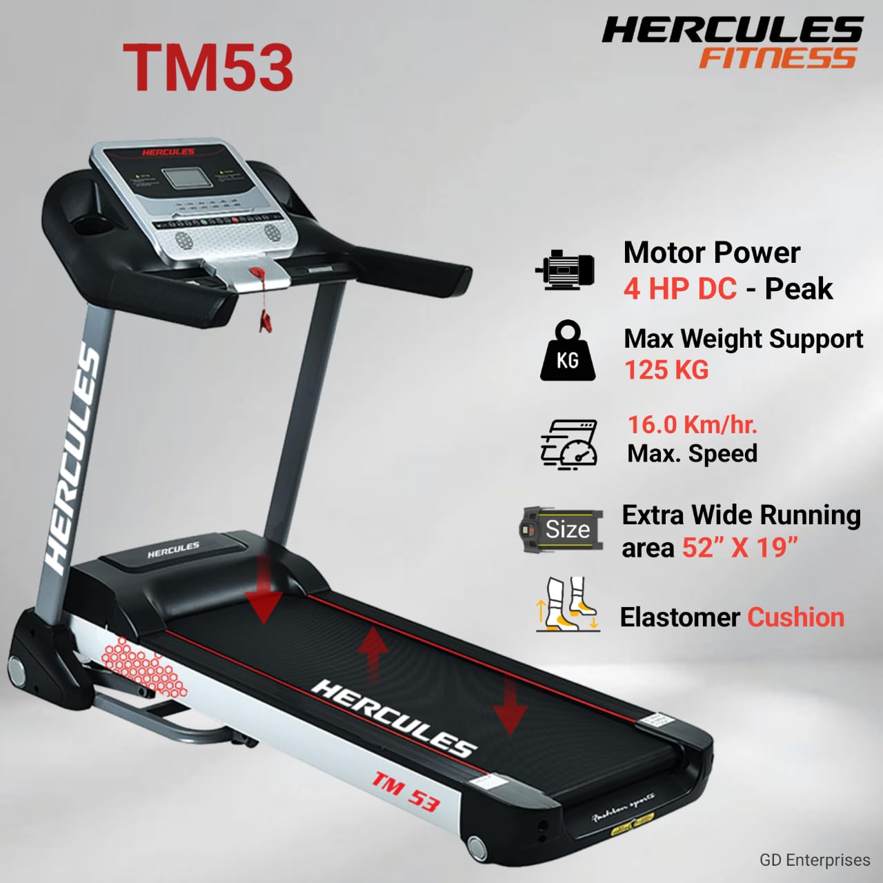 Hercules TM53 Treadmill Home Use| 3HP DC Motor | 16 km/h Speed | 125 kg Max User Weight | 15-Level Auto Incline | Free Installation Assistance