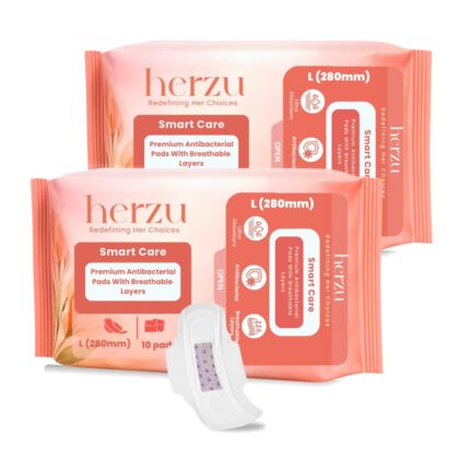 Herzu Ultra Thin L Sanitary Pads – Pack of 2 (10 Pads Each), Cottony Soft Pads for Rash Free Periods | Size 280mm Sanitary Napkins For Normal to Medium Flow | Leak Proof and Toxin-Free | Unscented, with Disposal Bags
