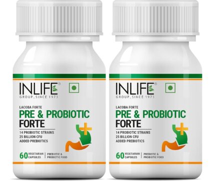 INLIFE Prebiotic and Probiotics Forte Supplement for Men & Women 25 billion CFU with 14 Strains | Digestion Gut & Immunity Health Supplement - 60 Vegetarian Capsules (2 Pack)