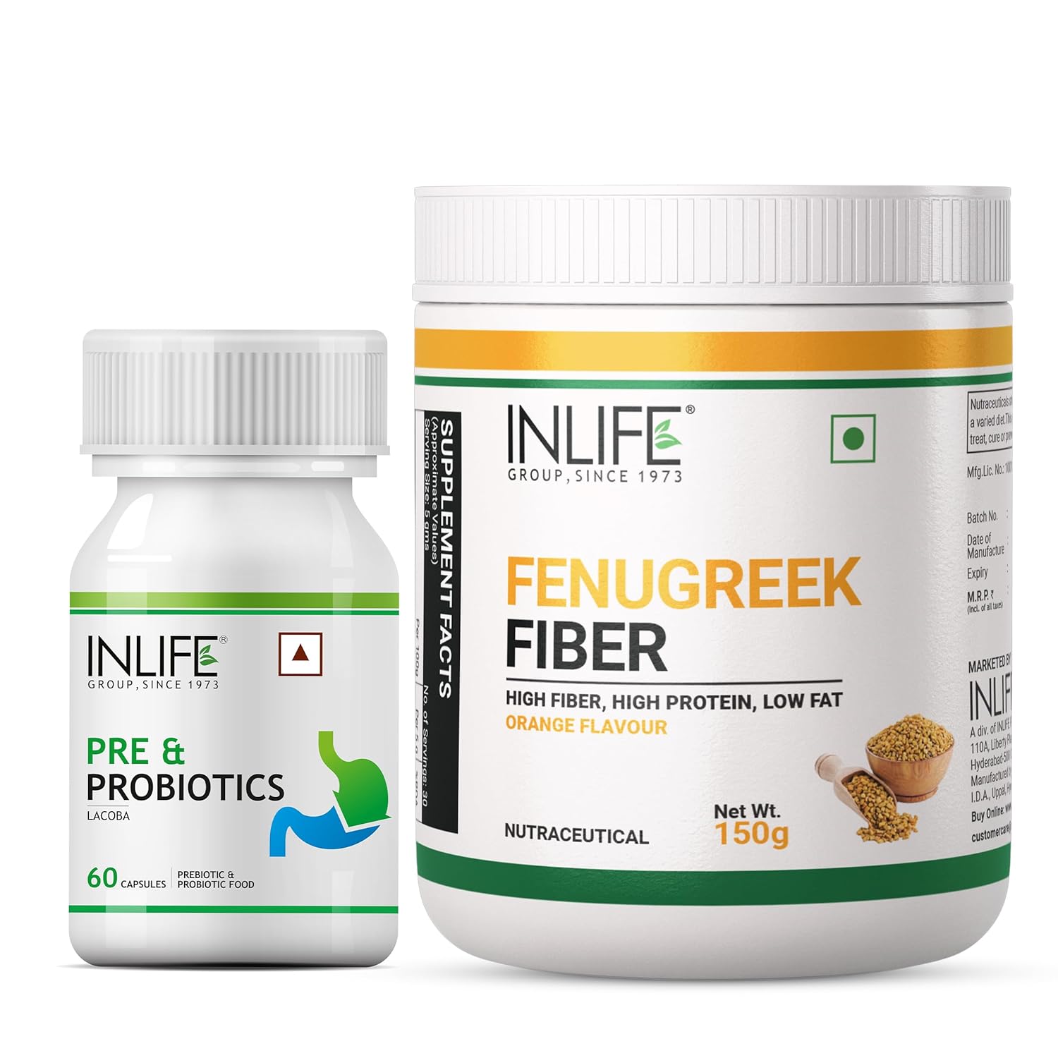 INLIFE Probiotics with Fiber Supplement | Prebiotics and Probiotics Capsules with Fenugreek Fiber | Combo Pack for Gut and Digestive Health - 150g Powder Orange Flavour and 60 Capsules