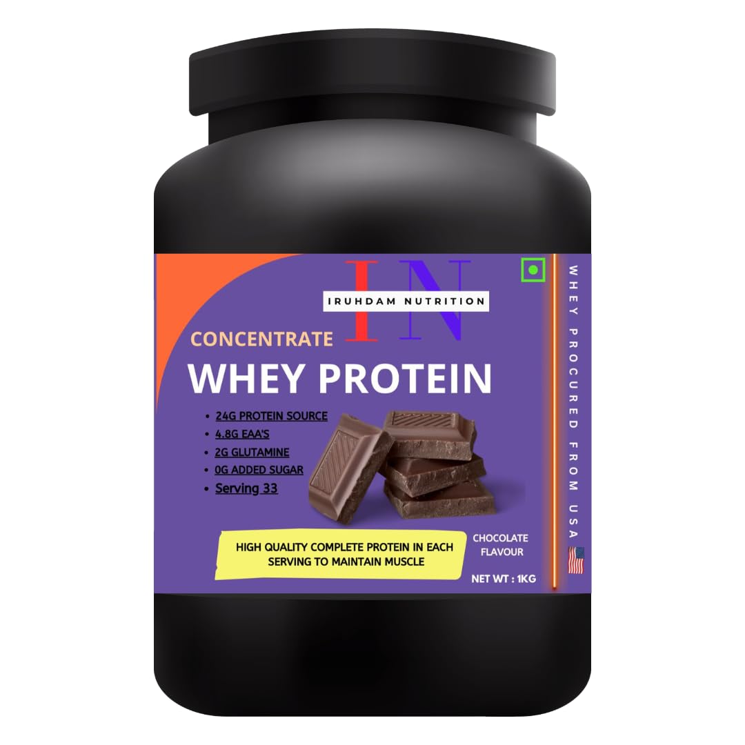 Iruhdam Nutrition Whey Protein Concentrate, Chocolate Flavour, 24g Protein, 1kg, Sugar Free, 33 Servings