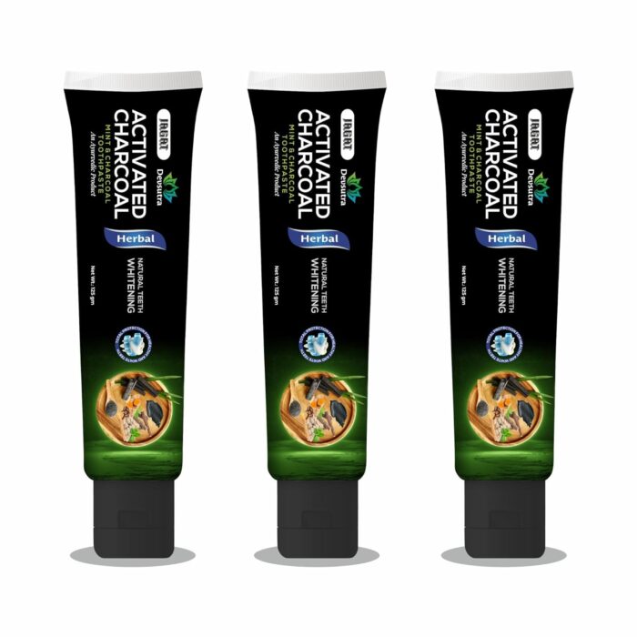 Jagat Devsutra Dr. Trusted Ayurvedic HERBAL Activated Charcoal Toothpaste for Teeth Whitening - 100% Natural Formula with Mint Flavour, No Fluoride & Artificial Colours - Pack of 3 (125g x 3)