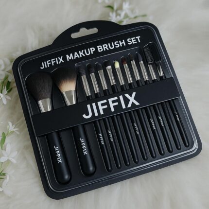 Jiffix Professional 12-Piece Makeup Brush Kit – Premium Brushes for Powder, Blush, Concealer & Eye Makeup – Sleek Silver Handles with Storage Bag (Black)