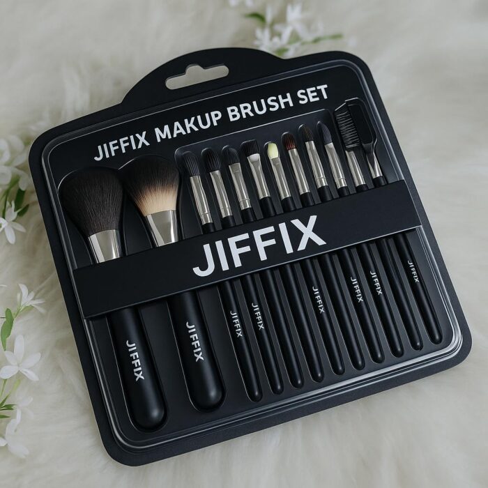 Jiffix Professional 12-Piece Makeup Brush Kit – Premium Brushes for Powder, Blush, Concealer & Eye Makeup – Sleek Silver Handles with Storage Bag (Black)