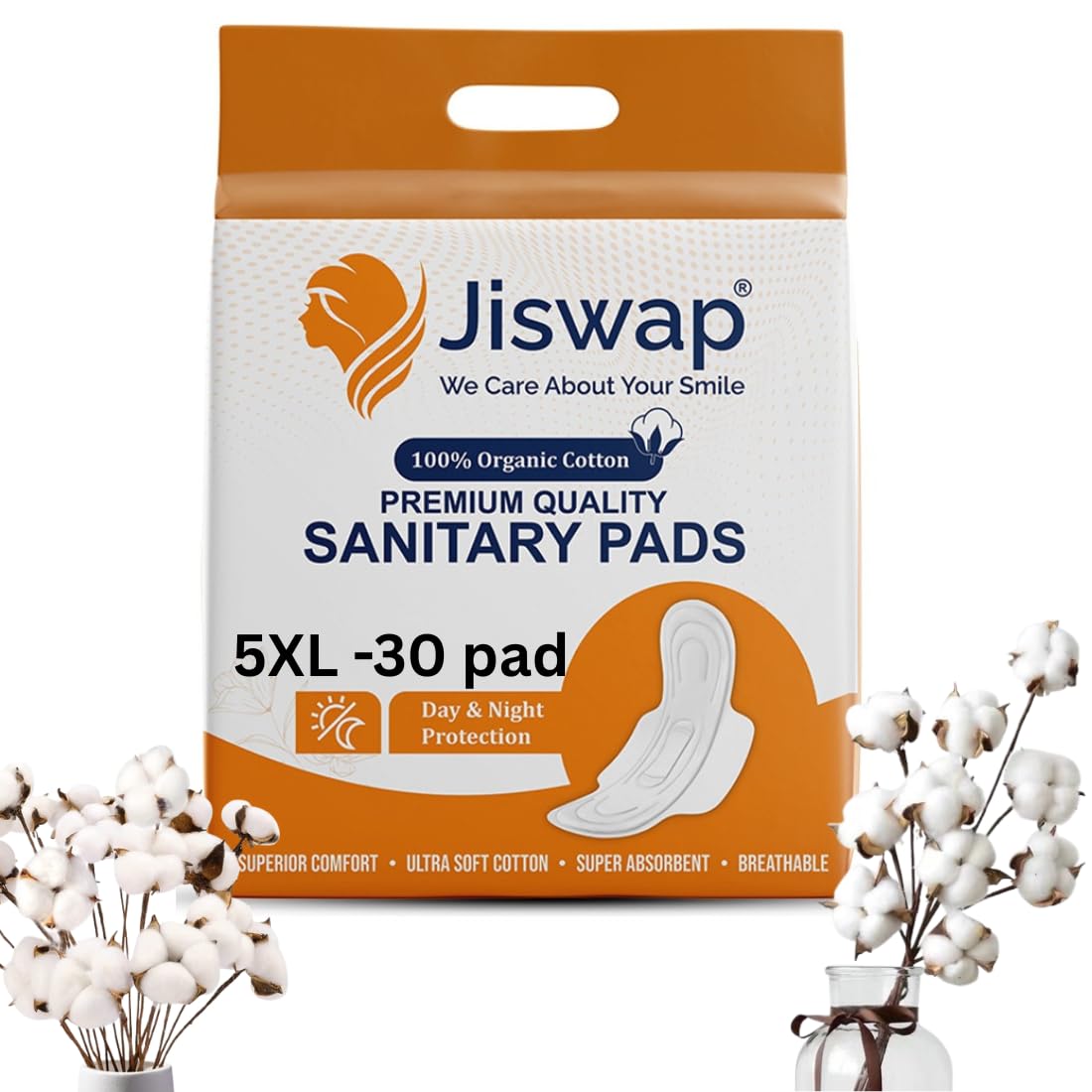 Jiswap 5XL Cotton Soft Sanitary Pads for Women – Ultra-Soft, Extra Large Size with Heavy Flow Protection – Rash-Free, Leak-Proof Sanitary Napkins – Pack of 30 Pads