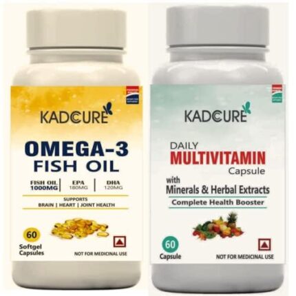 Kadcure Omega 3 Fish Oil Capsules & Daily Multivitamin Combo Pack | Health Boost for Men and Women | Supports Heart Eyes Joints, Energy Stamina & Immunity | 60 Capsules.