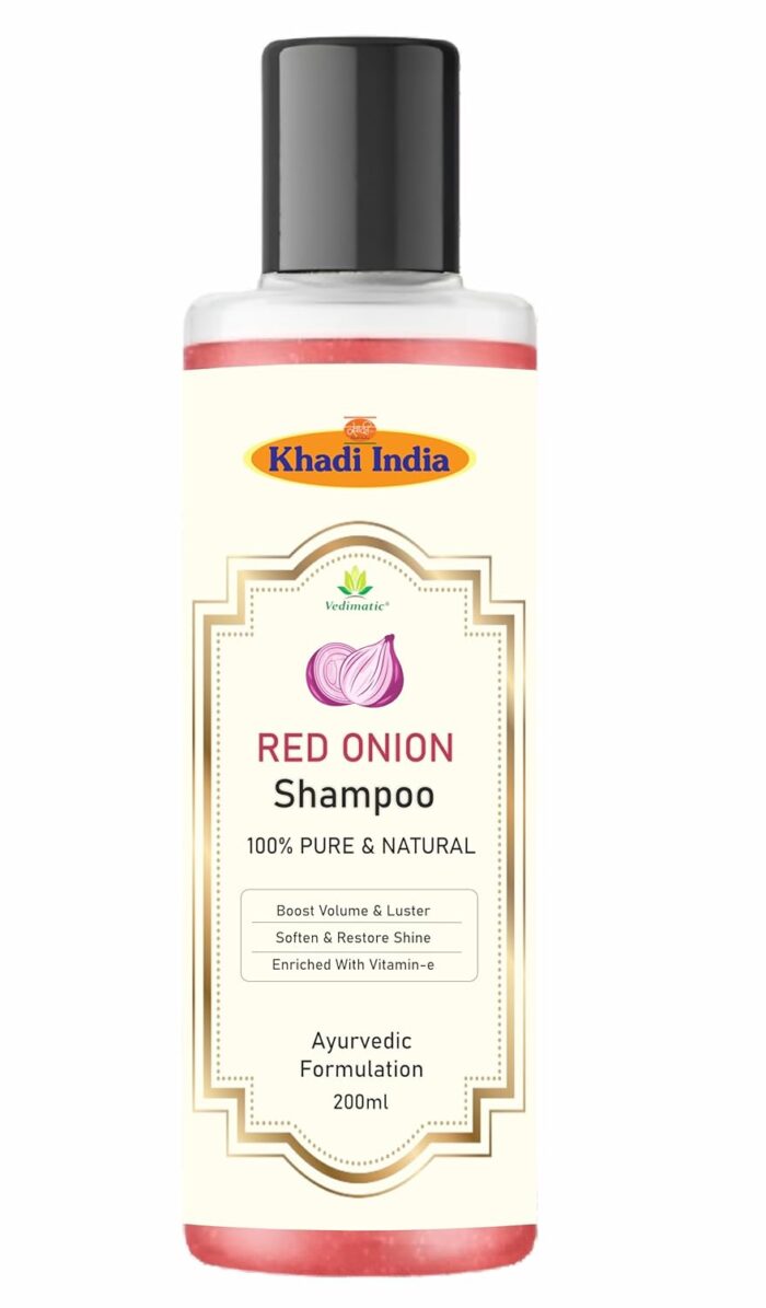 Khadi 100% Pure & Natural Red Onion Herbal Shampoo for Hair Growth & Hair Fall Control Hair Cleanser for Strong & Shiny Hair, for Men & Women - 200Ml with khadi india logo