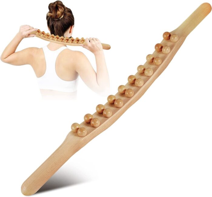 Kruvad Wooden Stick Massager Therapy with Double Row & 20 Beads, Professional Body Scraping Gua Sha for Neck, Back & Muscle Soreness Relief, Relaxation Tool for All Body Parts