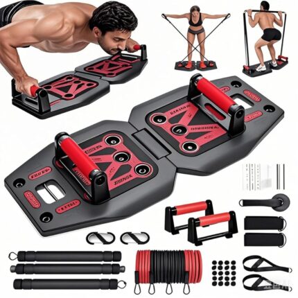LAKXSF Home Gym Exercise Equipment - Portable Workout System 17 Fitness Accessories 9 in1 Push Up Board Set, Resistance Bands with Pilates Bar Strength Training Abs Shoulders Back Butt
