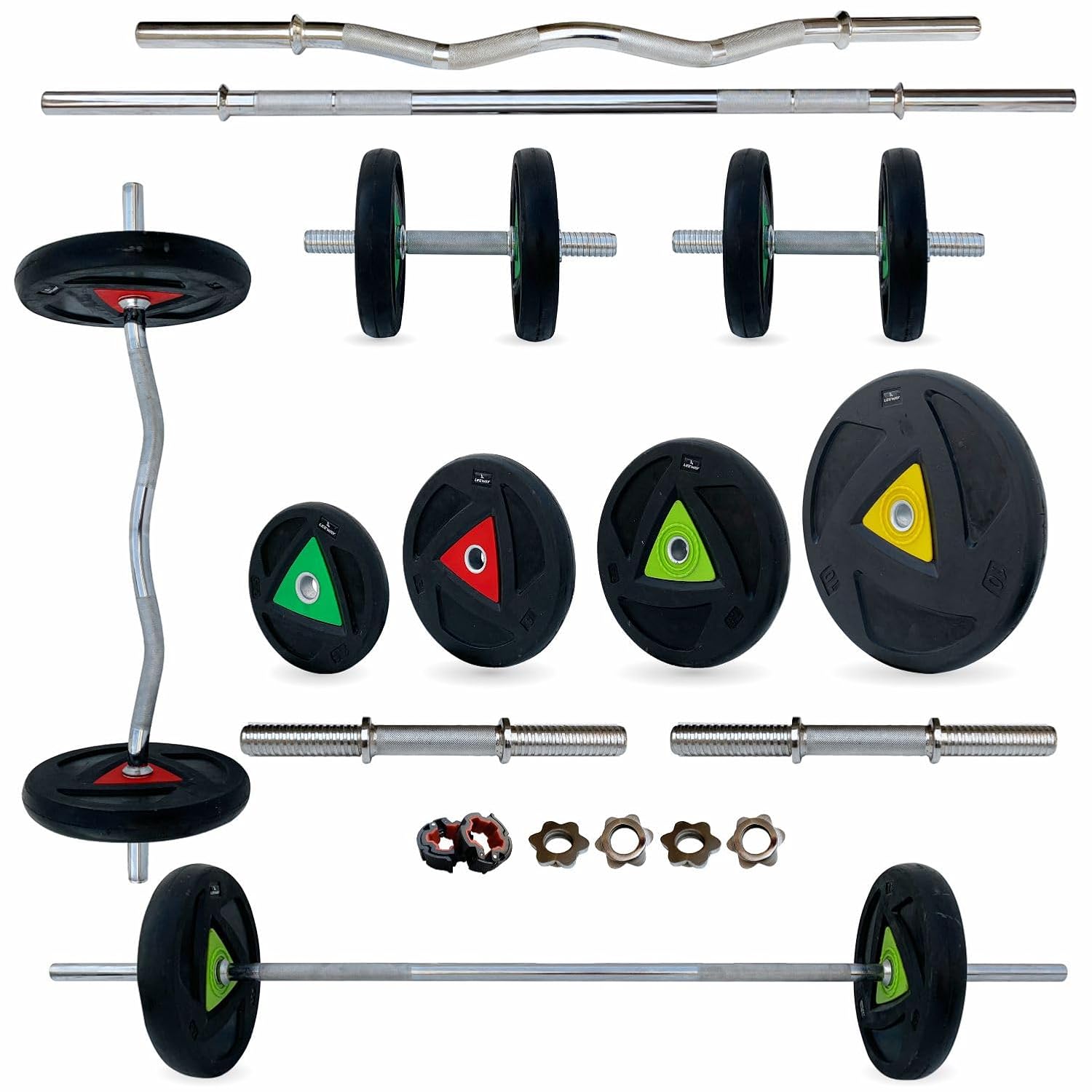 LEEWAY 80 Kg Rubber Weight Plates for Home Gym | Dumbbells & Barbell Set | Curl Rod, Straight Rod, 31mm Hole | Home Gym Combo Set | Fitness Equipment for Men & Women (2.5X4+5X4+7.5X4+10X2), Black)