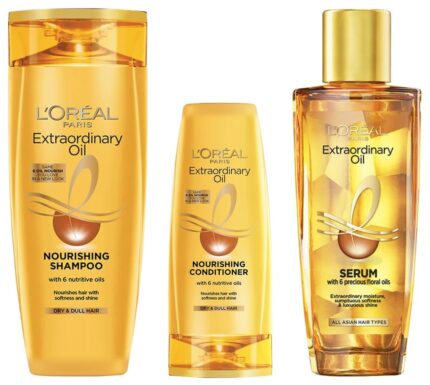 L'Oreal Paris Extraordinary Oil 3 -step Nourishing kit - Shampoo For Dry & Dull Hair (340ml) + Conditioner (36ml) + Hair Serum (100ml)