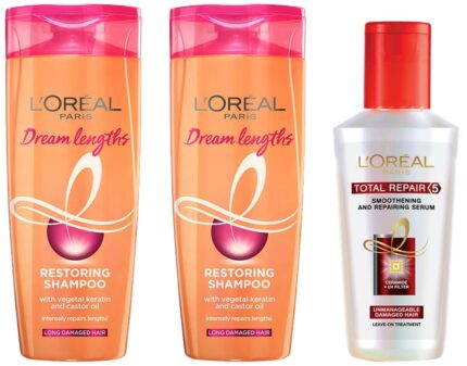L'Oreal Paris Shampoo & L'Oreal Paris Serum, For Damaged and Weak Hair, With Pro-Keratin + Ceramide, Total Repair 5, 80ml & L'Oreal Paris Shampoo, Nourishes, Repair & Shine, For Long and Lifeless Hair, Dream Lengths, 180ml