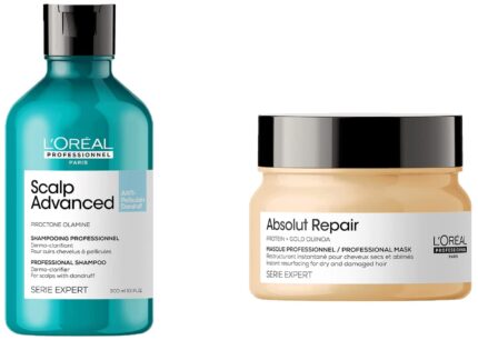 L'Oréal Professionnel Scalp Advanced Anti-Dandruff Dermo-Clarifier Shampoo 300 Ml & Liss Unlimited Hair Mask with Pro-Keratin for Rebellious Frizzy Hair.