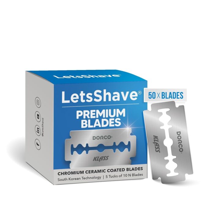 LetsShave Premium DE -Blade, Pack of 50, 5 Tucks of 10 N, Chromium Ceramic Coated Blades, South Korea Technology, Blades- for Men