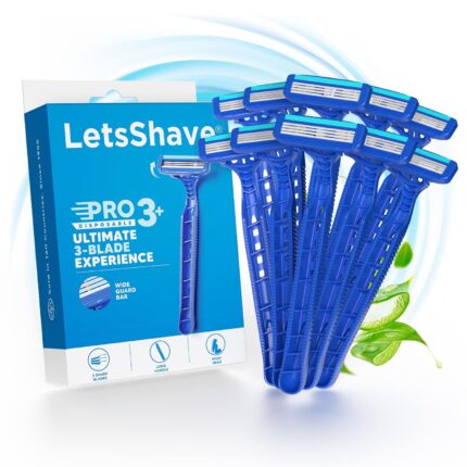 LetsShave Pro 3 Plus Disposable Shaving Razors for Men, Pack of 10, Stainless Steel, Razor with Rubber Grip Handle & Safety Cap, Open Flow Hair Remover Made in South Korea, Razor for Men Face and Head