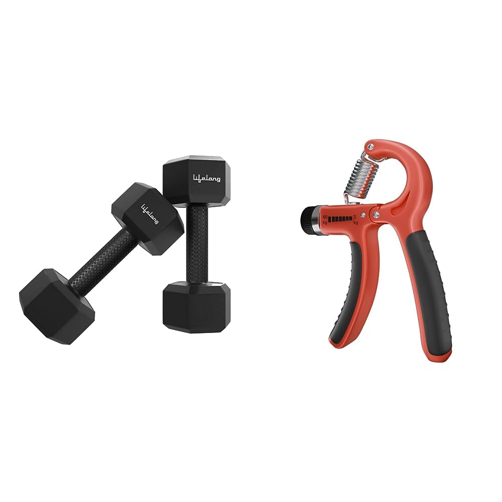 Lifelong PVC Hex Fixed Dumbbells Pack of 2 (2kg*2) Black Color & Lifelong Adjustable Hand Grip Strengthener (Red & Black, LLFAHG01)