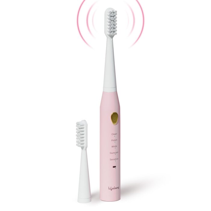 Lifelong Rechargeable Toothbrush for Adults - Smart Brush with 5 Cleaning Modes & Smart Auto Shut-Off - Waterproof Electronic Toothbrush - 2 Electric Heads, 500mAh Long-Lasting Battery (Pink, LLDC135)