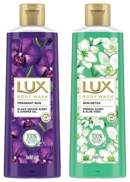 Lux Shower Gel, Freesia Scent & Aloe Vera Bodywash, Skin Cleanser With Long Lasting Fragrance, Paraben Free, Shower Gel, Black Orchid Fragrance & Juniper Oil Bodywash, 245 ml