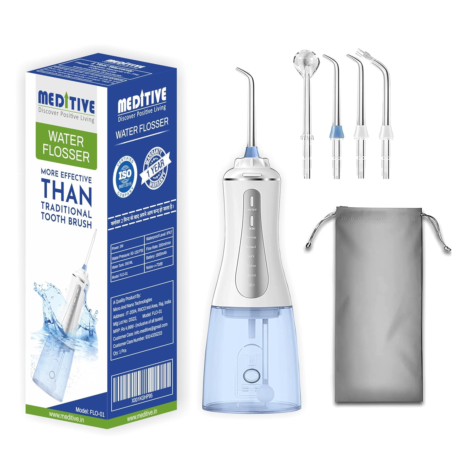 MEDITIVE Water Flosser Cordless for Teeth, Portable Oral Irrigator, Cordless Water Dental Flosser Teeth Cleaner, IPX7 Waterproof Teeth Cleaner with 350ml Detachable Water Tank
