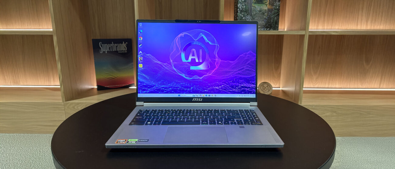 MSI Creator A16 AI+ open on table with open shelves in background