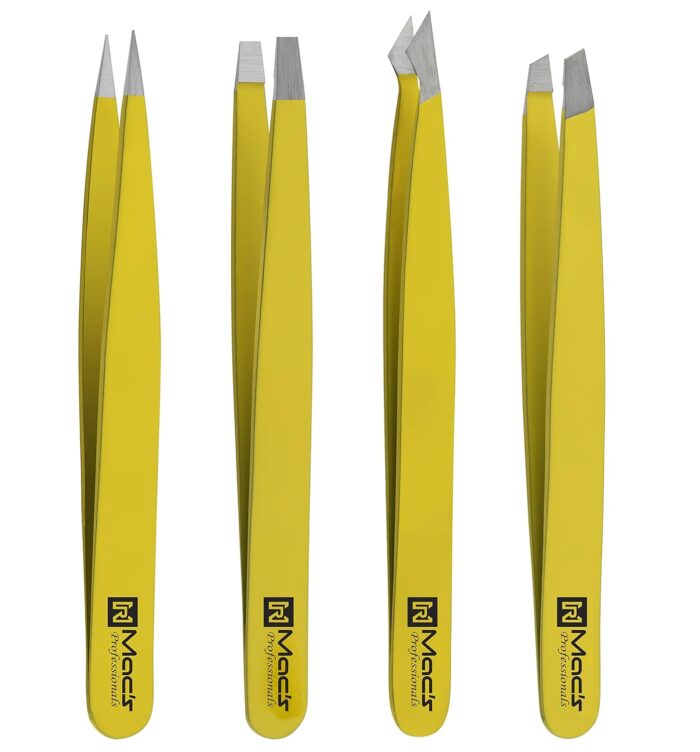 Macs Tweezers Set;- for Eyebrow Plucking, Ingrown Hair -Best for Eyebrow Hair, Facial Hair Removal,Splinter - Stainless Steel Precision Sharp- Pointy Ends Meet Perfectly - 7345YL (Yellow)
