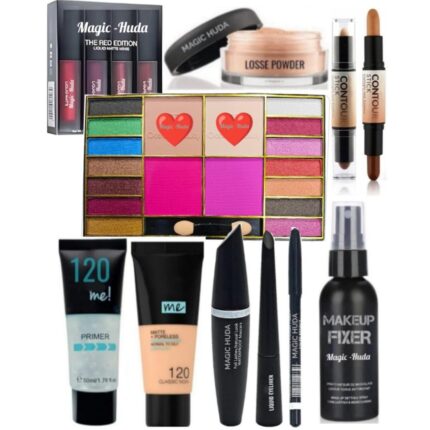 Magic Huda Waterproof Makeup Kit Combo For Women & Girls (Set of 10) Eyeshadow Pallet,Kajal, 3in1, Red edition, Foundation, Primer, Loose Powder, Makeup Fixer Etc