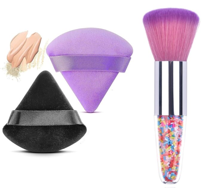 Makeup Blush Brushes for Cheeks, Travel Size Face Powder Brush for Loose Powder, Fluffy Foundation Brush for Face, Kabuki Brush for Mineral Powder Contouring Cream or Liquid Cosmetics (2 Triangle Puff)