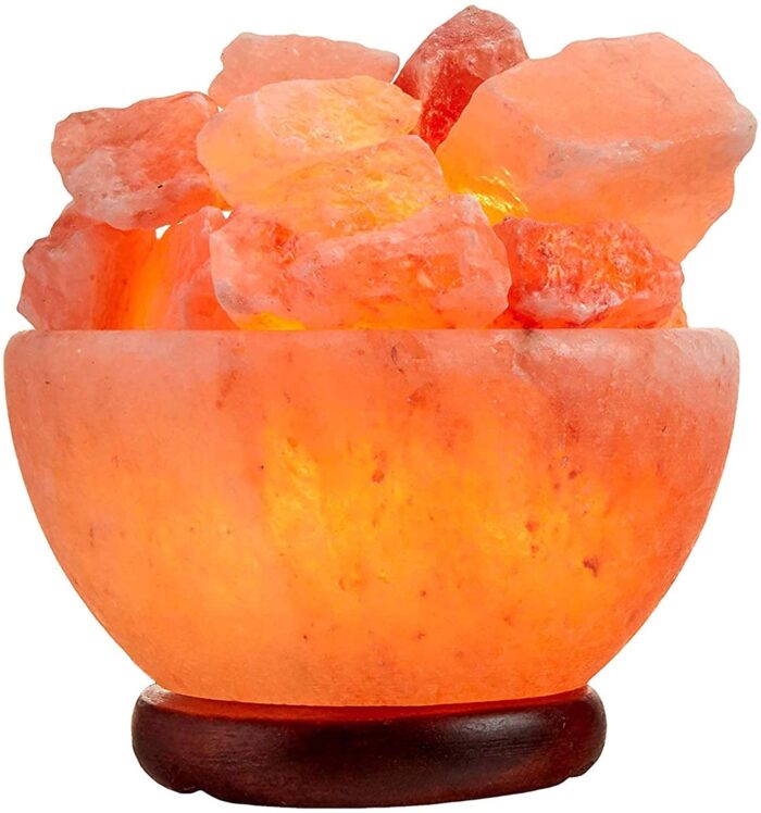 Malowal® Himalayan Salt Lamp Bowl with Natural Crystal Chunks and Wood Base Authentic (Firebowl with Chunks)