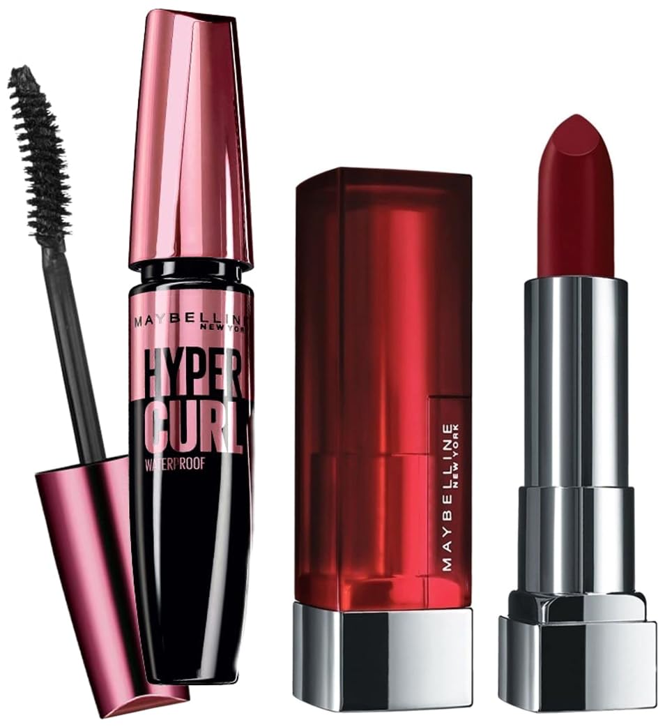 Maybelline New York Color Sensational Loaded Bold Lipstick, Midnight Date, 3.9g and Maybelline New York Hypercurl Mascara Waterproof, Black, 9.2ml