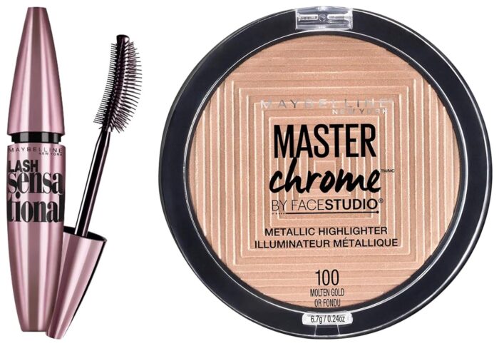 Maybelline New York Face Studio Master Chrome Metallic Highlighter, Molten Gold, 6.7g & Maybelline New York Lash Sensational Waterproof Mascara, Black, 10 ml