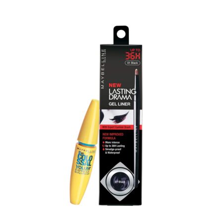 Maybelline New York Promo Pack Lasting Drama Gel Matte Liner, Black + The Colossal Volume' Express Mascara, Waterproof, Black, 12 G (Pack Of 2)