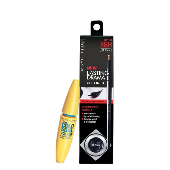 Maybelline New York Promo Pack Lasting Drama Gel Matte Liner, Black + The Colossal Volume' Express Mascara, Waterproof, Black, 12 G (Pack Of 2)