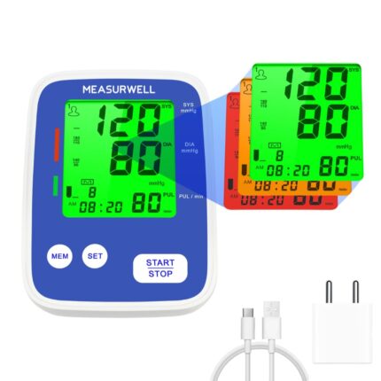 Measurwell MW-024 Fully Automatic Blood Pressure Monitor | 2 User Profiles with 99 Memories Each | Dual Power Supply | Doorstep Service | 3 Colors Indicator, LCD Display | With Charging Cable & Adaptor