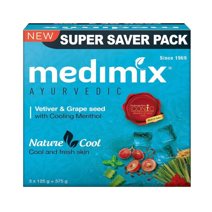 Medimix Ayurvedic Cool Bathing Soap Bar With Menthol, Vetiver & Grape Seed 125 g (Combo Pack of 3) | For Fresh & Protected Skin | Shop Herbal | Natural | Paraben-free & Sulphate-free | 100% Vegan