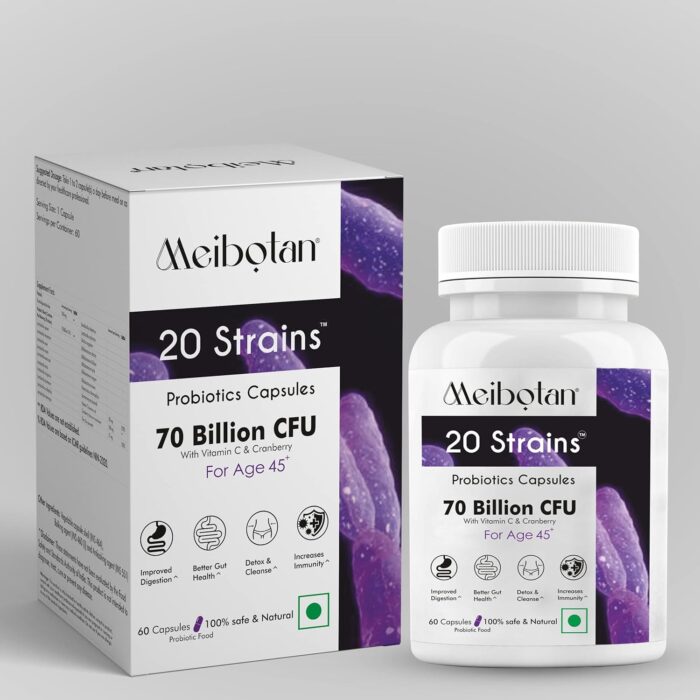 Meibotan Best Probiotics Supplement 20 Strains with 70 Billion CFU For Men & Women with Prebiotics - Gut Support, Digestion, Immunity Support, Detox & Cleanse - 60 Vegetarian Capsules, Age 45+